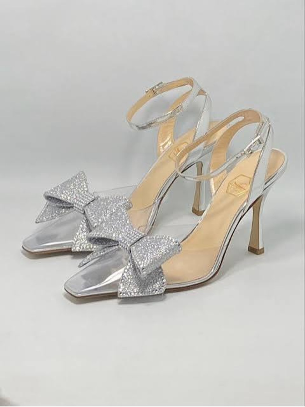 Nalebe Dimante Silver Crystal Bow Clear PVC Pumps EU 38